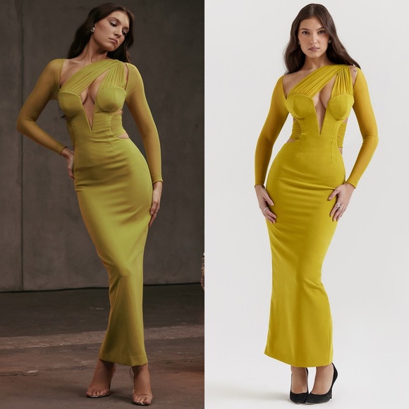 HOUSE OF CB Zahra Chartreuse Plunge Maxi Dress - Picture 2 of 5